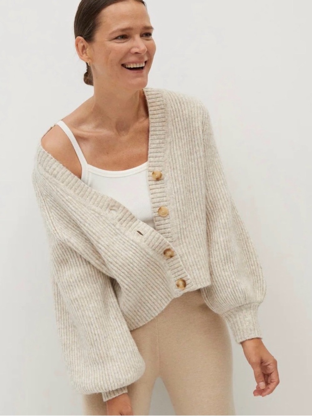 Mango Balloon Sleeve Cream Cardigan